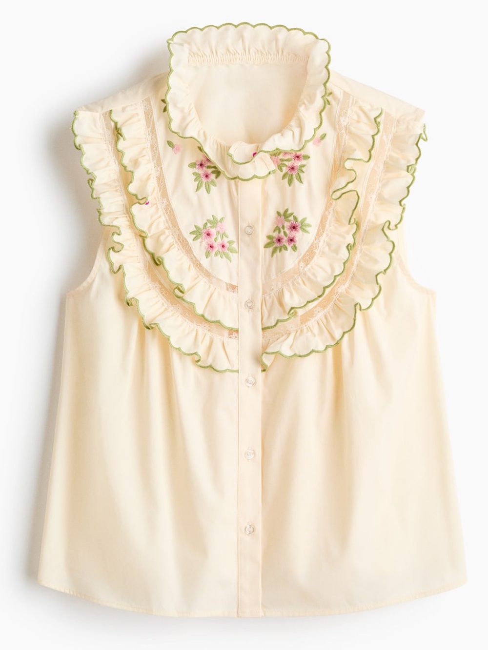 H&M Cream Sleeveless Ruffled Blouse with Pink Floral Embroidery